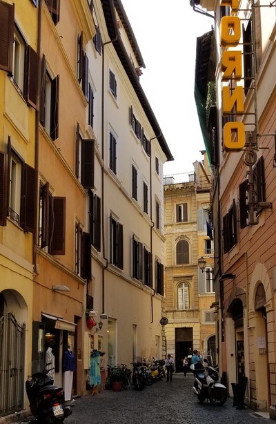 Looking up the narrow street from the hotel